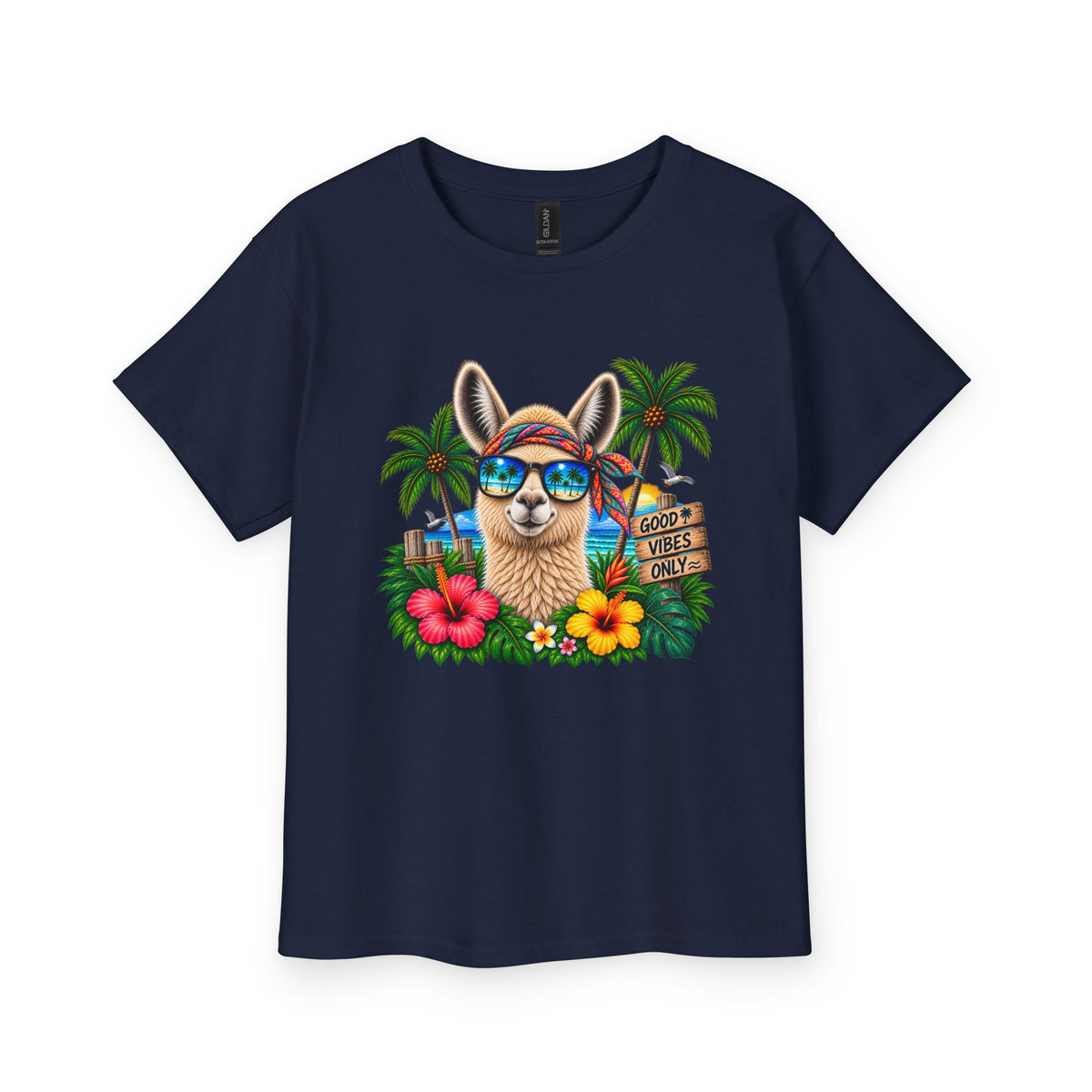 Youth Tee — Tropical Llama Vacation Shirt with Sunglasses & 'Aloha Vibes' Design