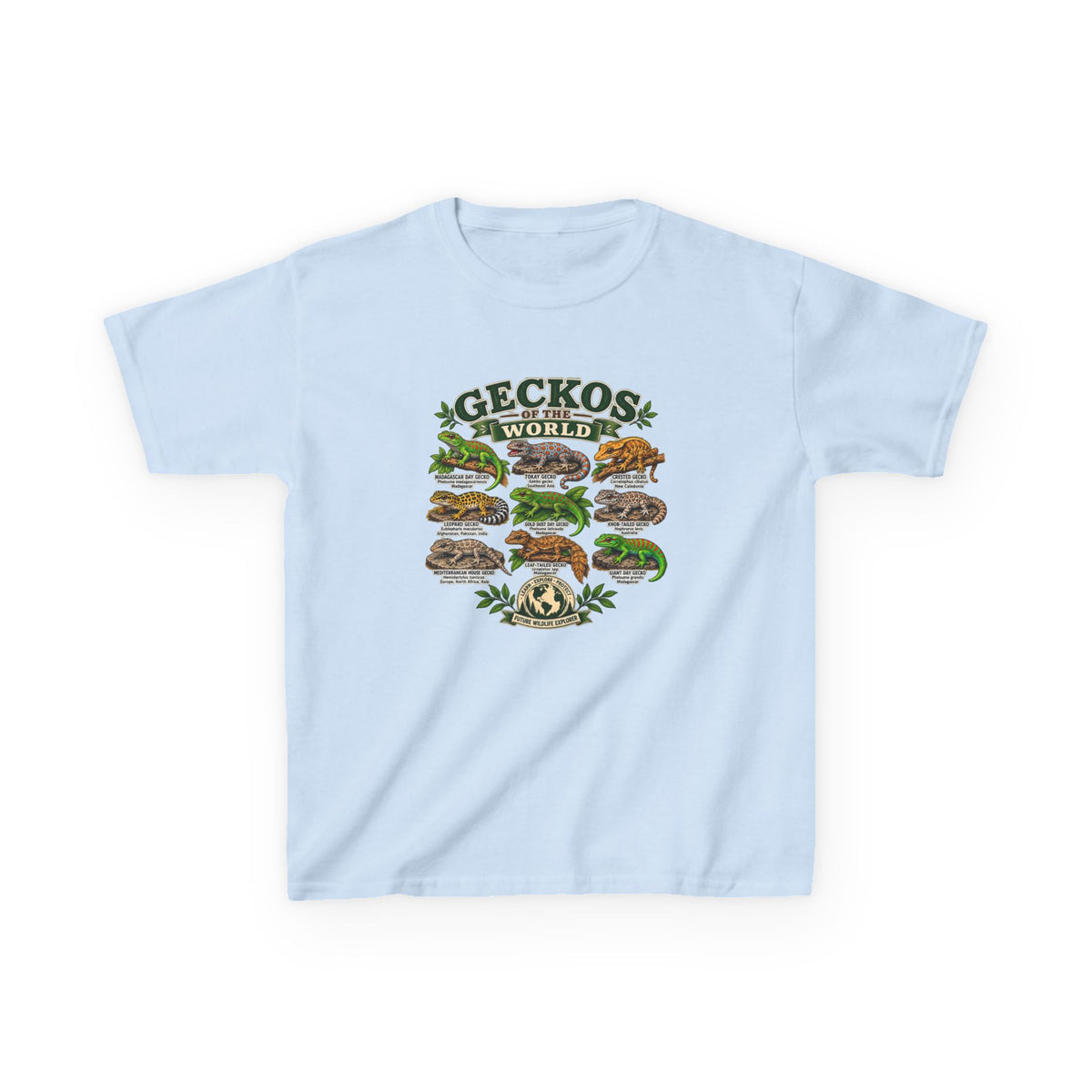 Kids T-Shirt — "Geckos of the World" Illustrated Reptile Tee