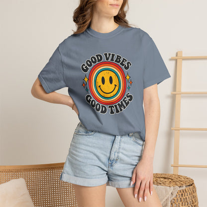 Good Vibes Good Times Smiley Face T-Shirt | Retro Rainbow Graphic