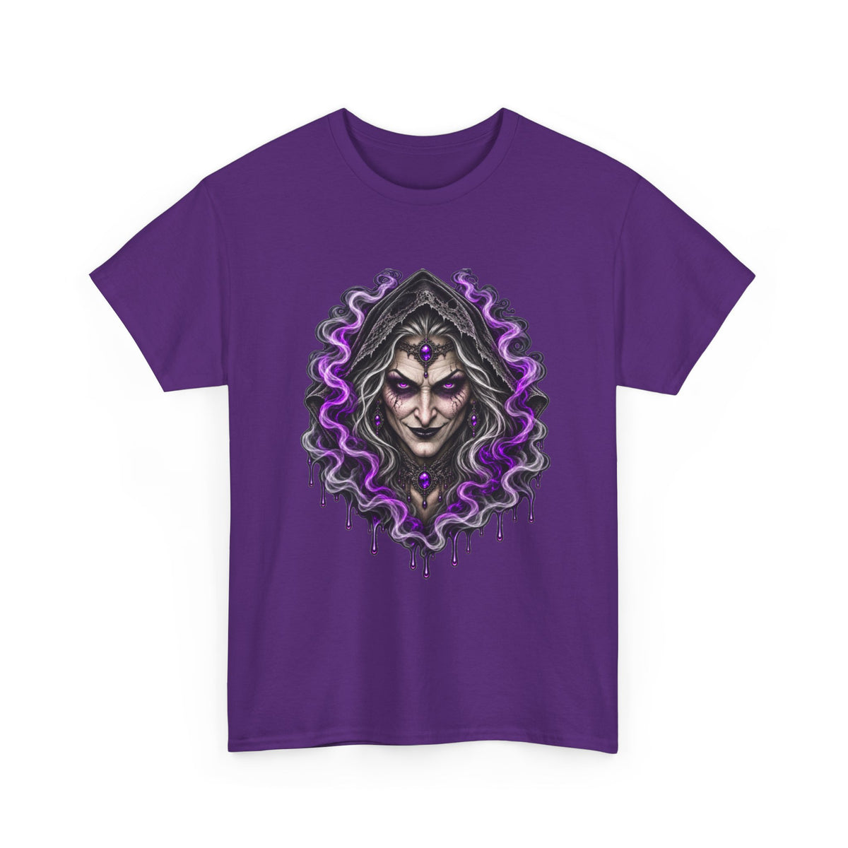 Witch Hood Graphic Tee — Dark Mystic Sorceress Shirt (Purple Drip)