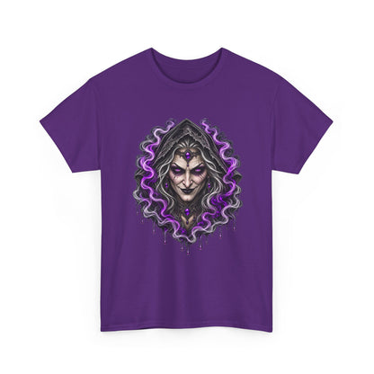 Witch Hood Graphic Tee — Dark Mystic Sorceress Shirt (Purple Drip)