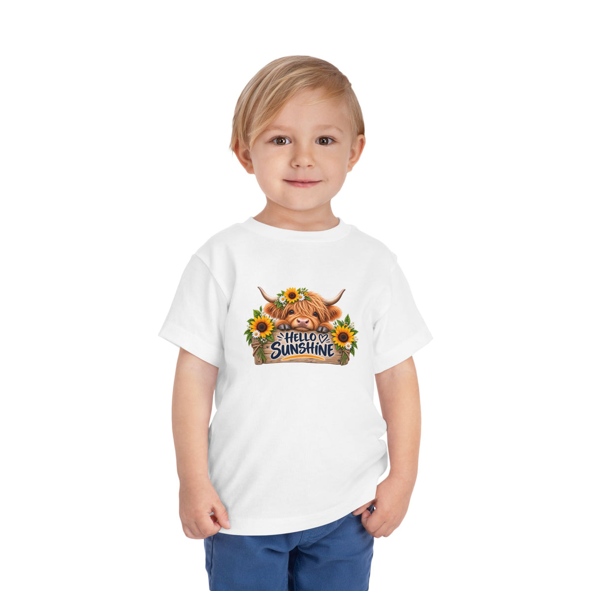 Hello Sunshine Toddler Tee — Sunflower Highland Cow Kids Shirt