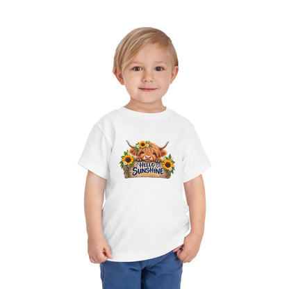 Hello Sunshine Toddler Tee — Sunflower Highland Cow Kids Shirt
