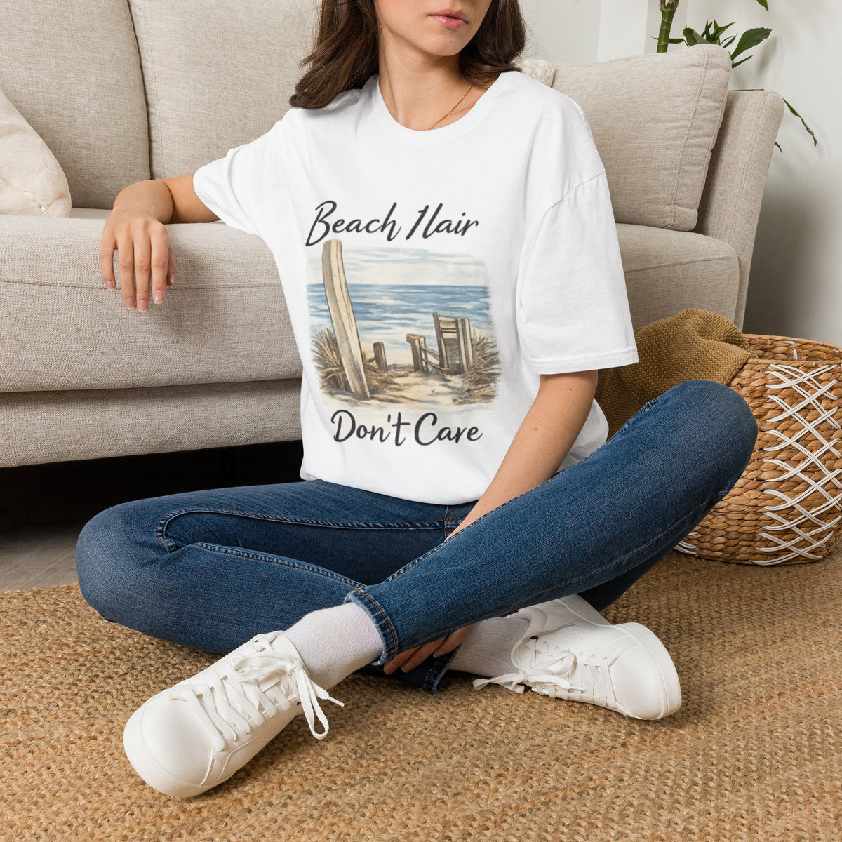 Beach Hair Don't Care T-Shirt — Coastal Surfboard & Chair Graphic Tee
