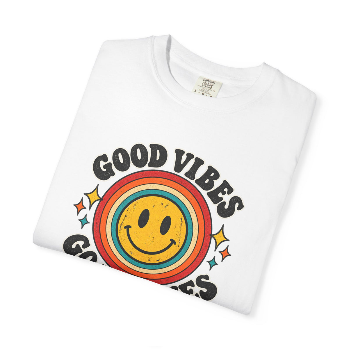 Good Vibes Good Times Smiley Face T-Shirt | Retro Rainbow Graphic