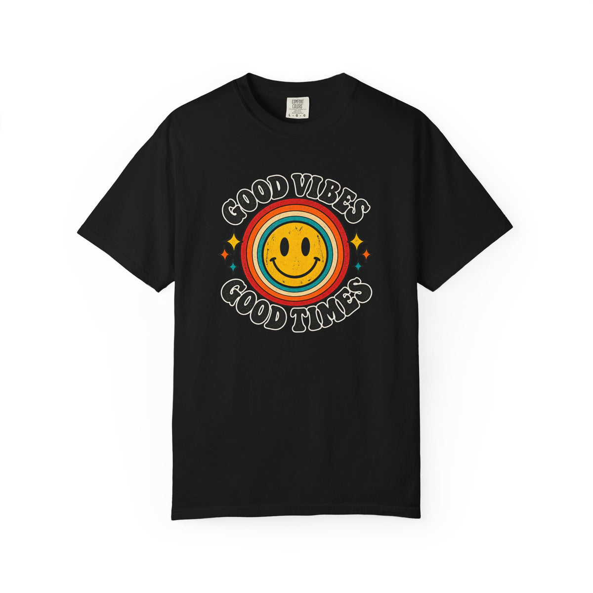 Good Vibes Good Times Smiley Face T-Shirt | Retro Rainbow Graphic