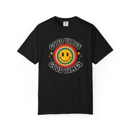 Good Vibes Good Times Smiley Face T-Shirt | Retro Rainbow Graphic