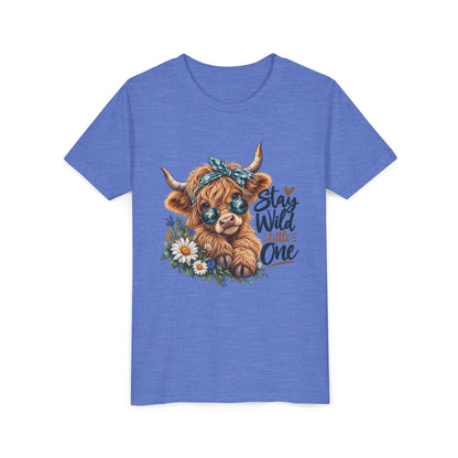 Stay Wild Little One Youth Tee — Cute Highland Cow with Daisies