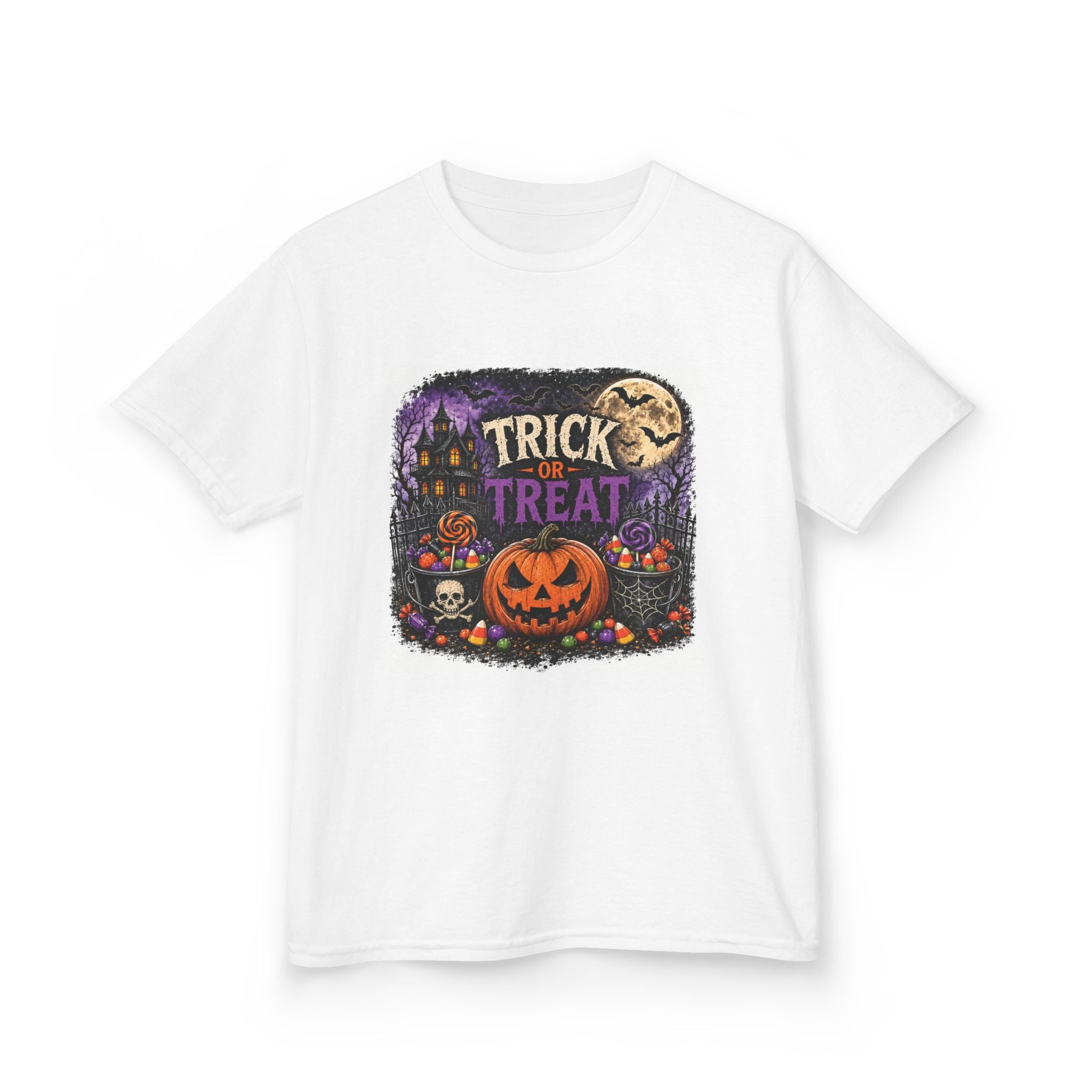 Trick or Treat Halloween Pumpkin Kids Tee | Jack-o'-Lantern, Haunted House