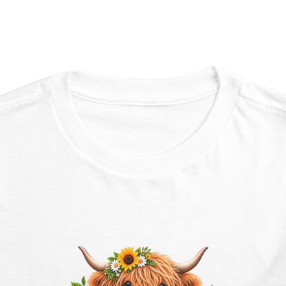 Hello Sunshine Toddler Tee — Sunflower Highland Cow Kids Shirt