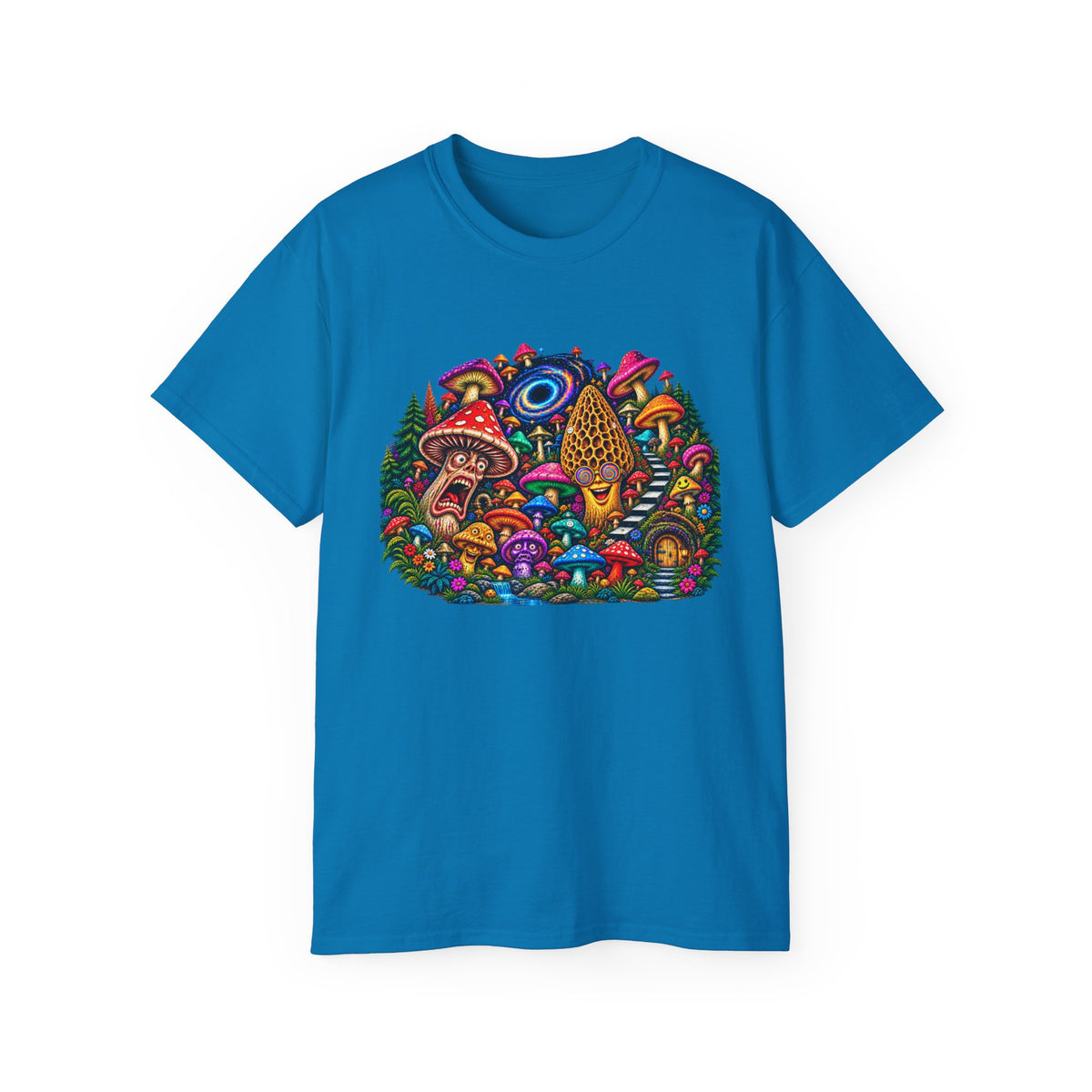 Psychedelic Mushroom Garden Tee — Colorful Magic Fungi Graphic T-Shirt