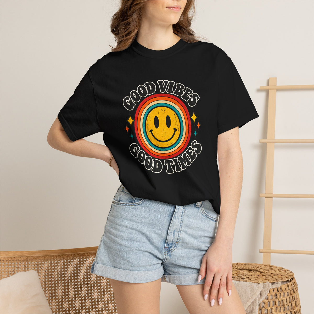 Good Vibes Good Times Smiley Face T-Shirt | Retro Rainbow Graphic