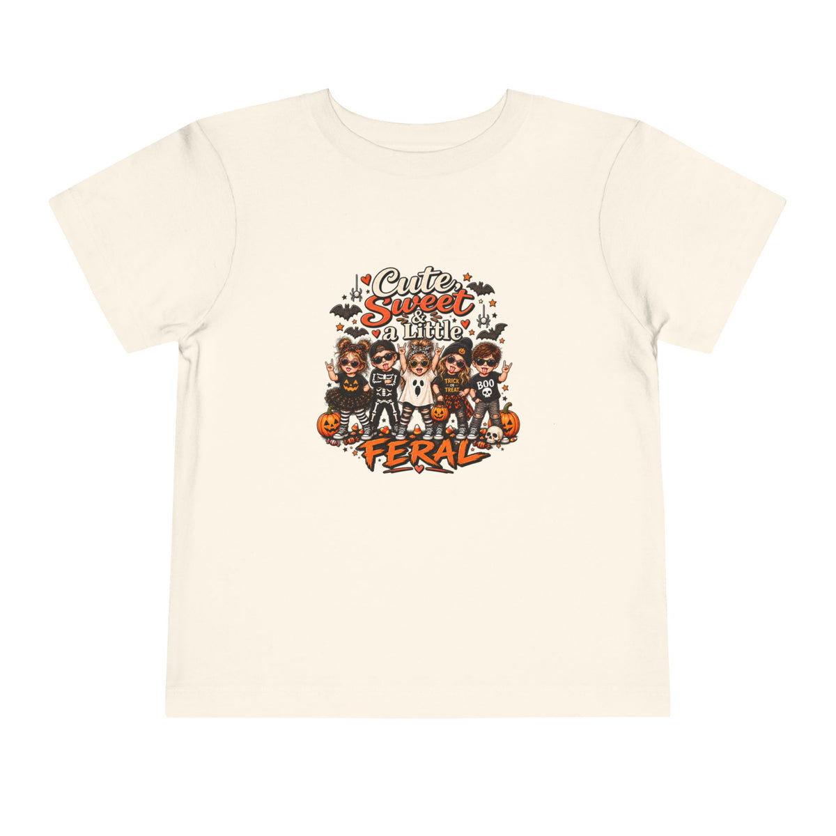 Toddler Tee — "Cute, Sweet, Little, Feral" Halloween Kids Graphic Shirt