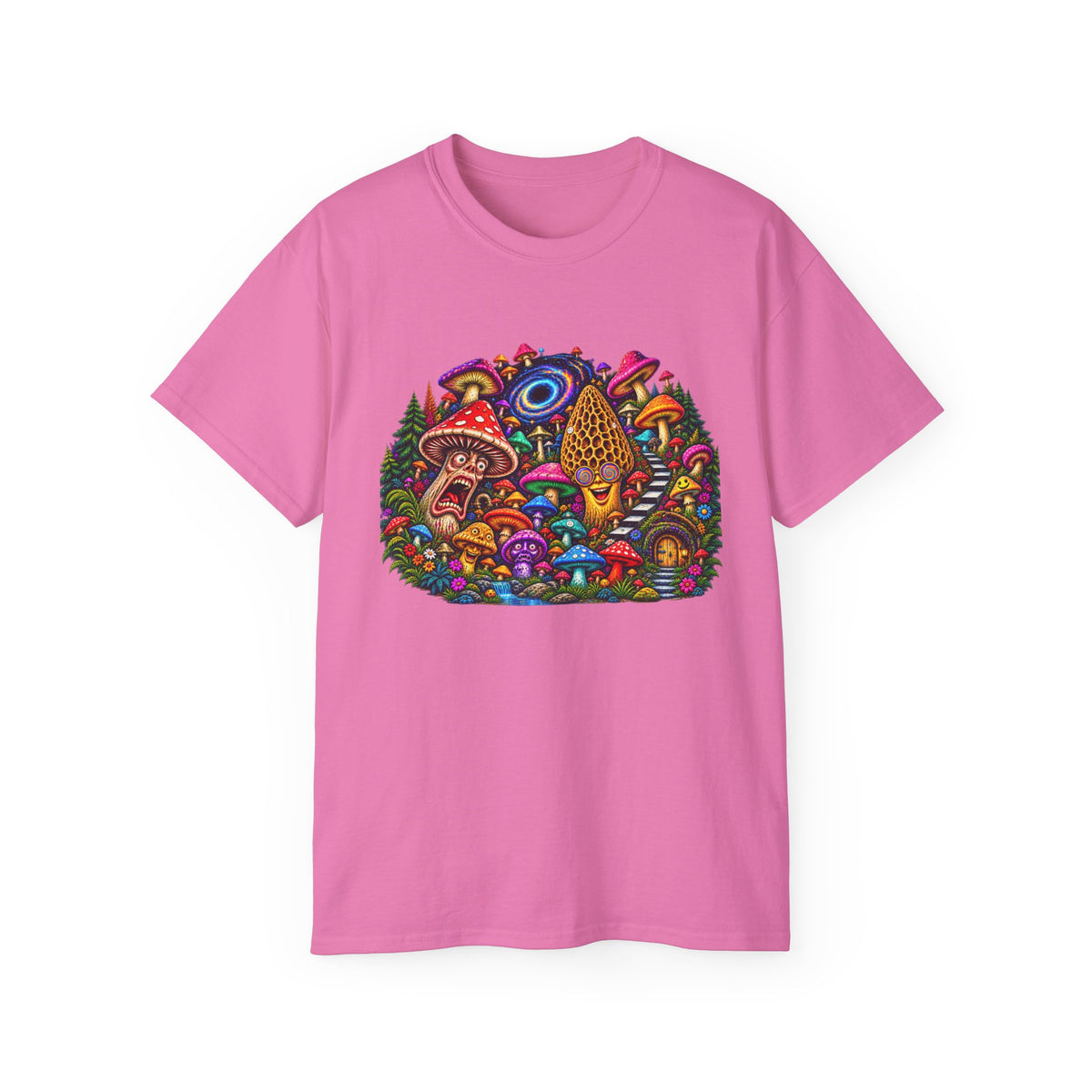 Psychedelic Mushroom Garden Tee — Colorful Magic Fungi Graphic T-Shirt