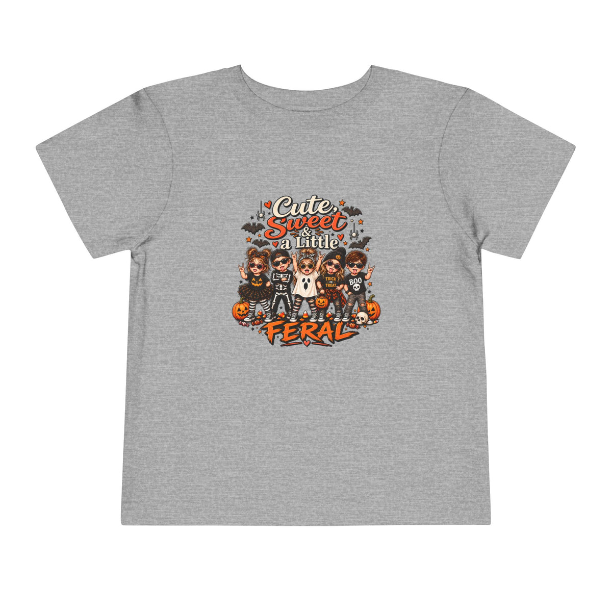 Toddler Tee — "Cute, Sweet, Little, Feral" Halloween Kids Graphic Shirt