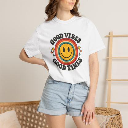 Good Vibes Good Times Smiley Face T-Shirt | Retro Rainbow Graphic