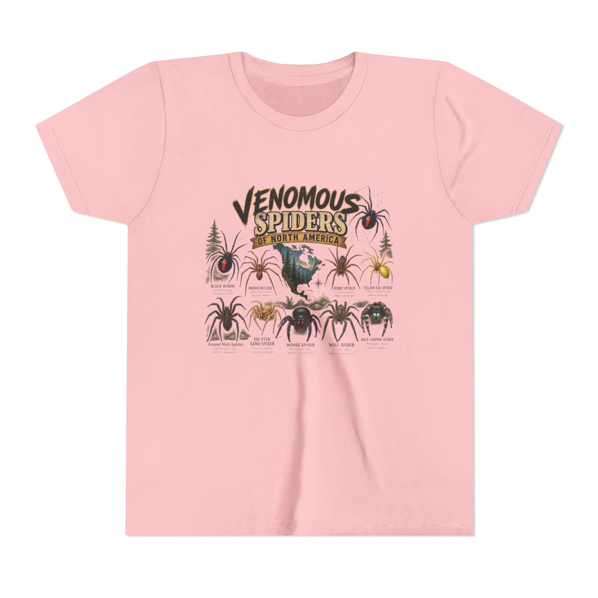 Youth Tee — "Venomous Spiders of North America" Educational Spider Illustration