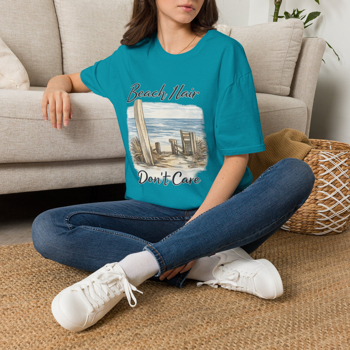 Beach Hair Don't Care T-Shirt — Coastal Surfboard & Chair Graphic Tee