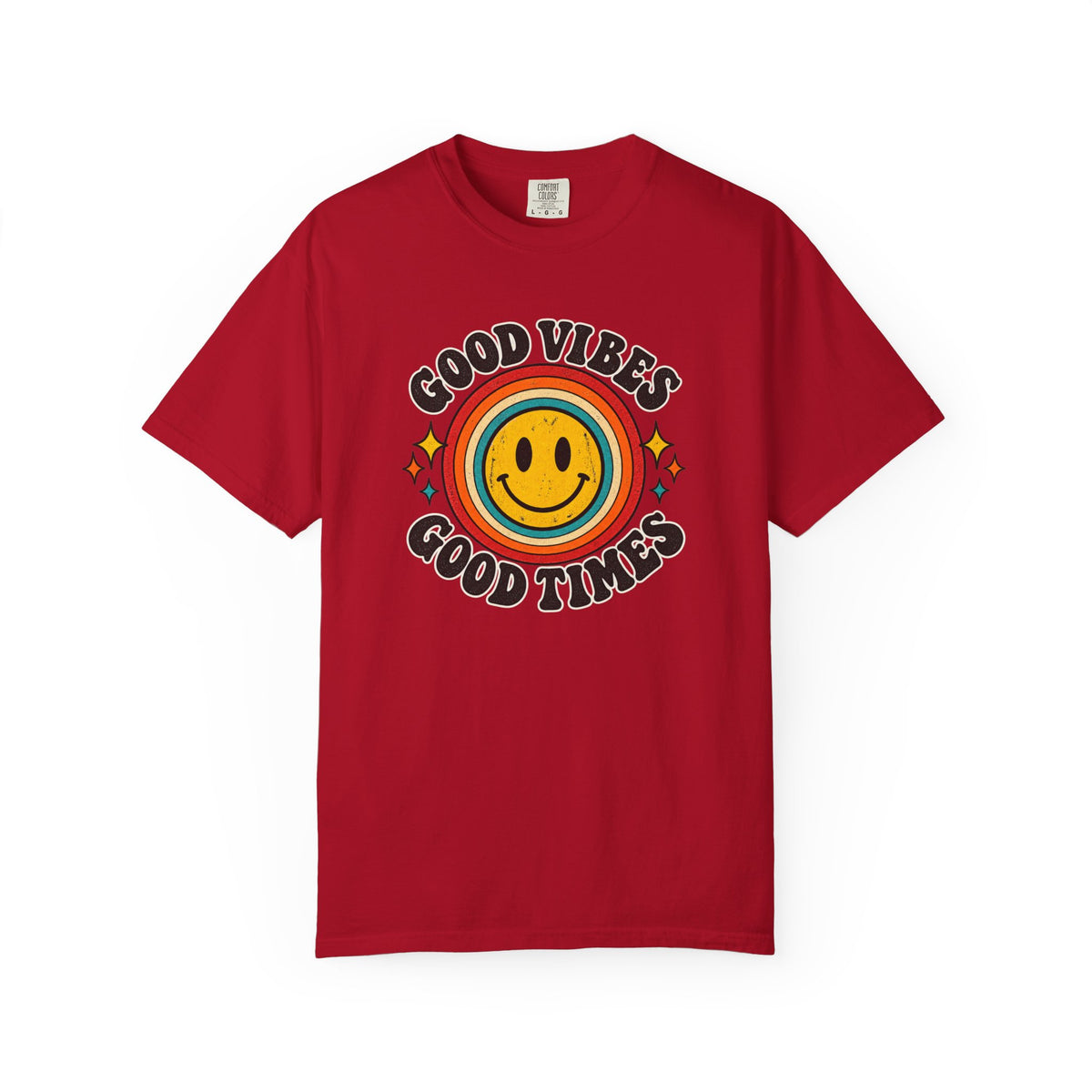 Good Vibes Good Times Smiley Face T-Shirt | Retro Rainbow Graphic
