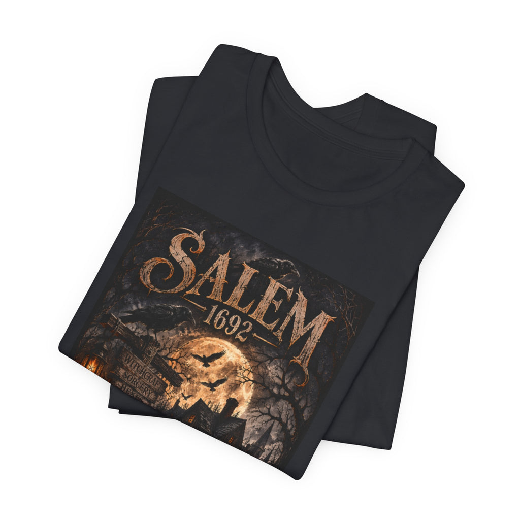 Salem 1692 Witchcraft Illustration Tee | Haunted Village, Moonlit Halloween