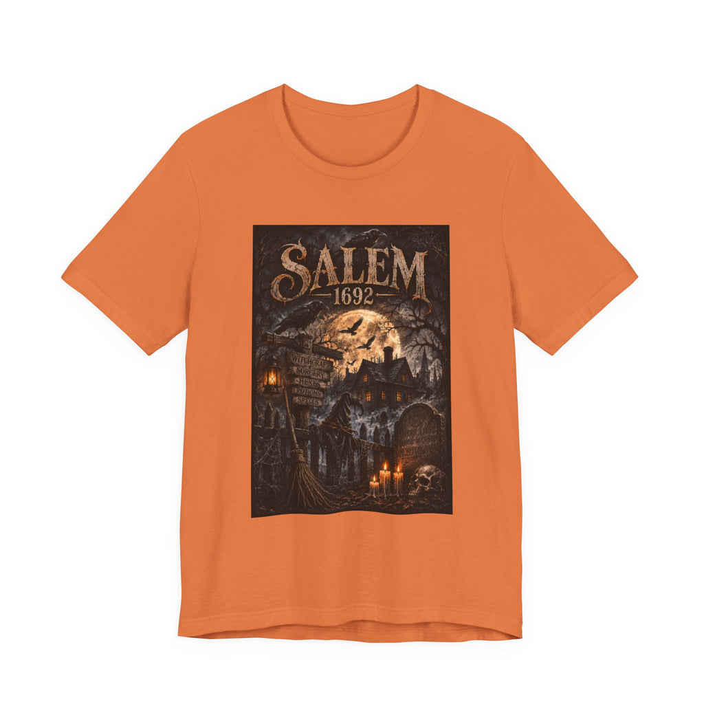 Salem 1692 Witchcraft Illustration Tee | Haunted Village, Moonlit Halloween