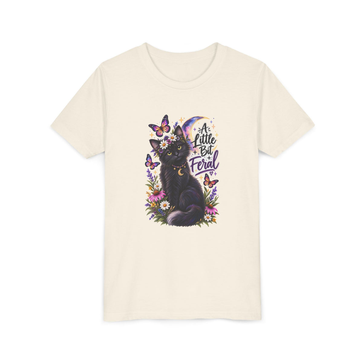 Youth Tee — Black Cat 'A Little Bit Feral' Butterfly Graphic