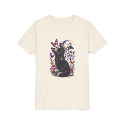 Youth Tee — Black Cat 'A Little Bit Feral' Butterfly Graphic
