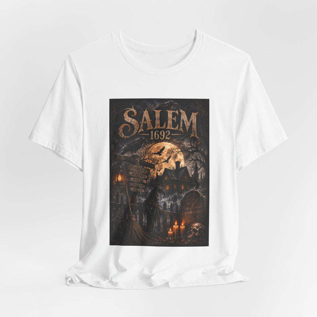 Salem 1692 Witchcraft Illustration Tee | Haunted Village, Moonlit Halloween