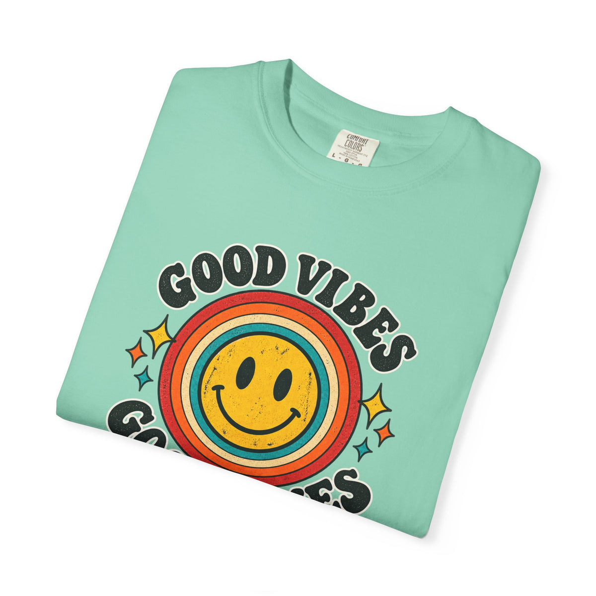 Good Vibes Good Times Smiley Face T-Shirt | Retro Rainbow Graphic