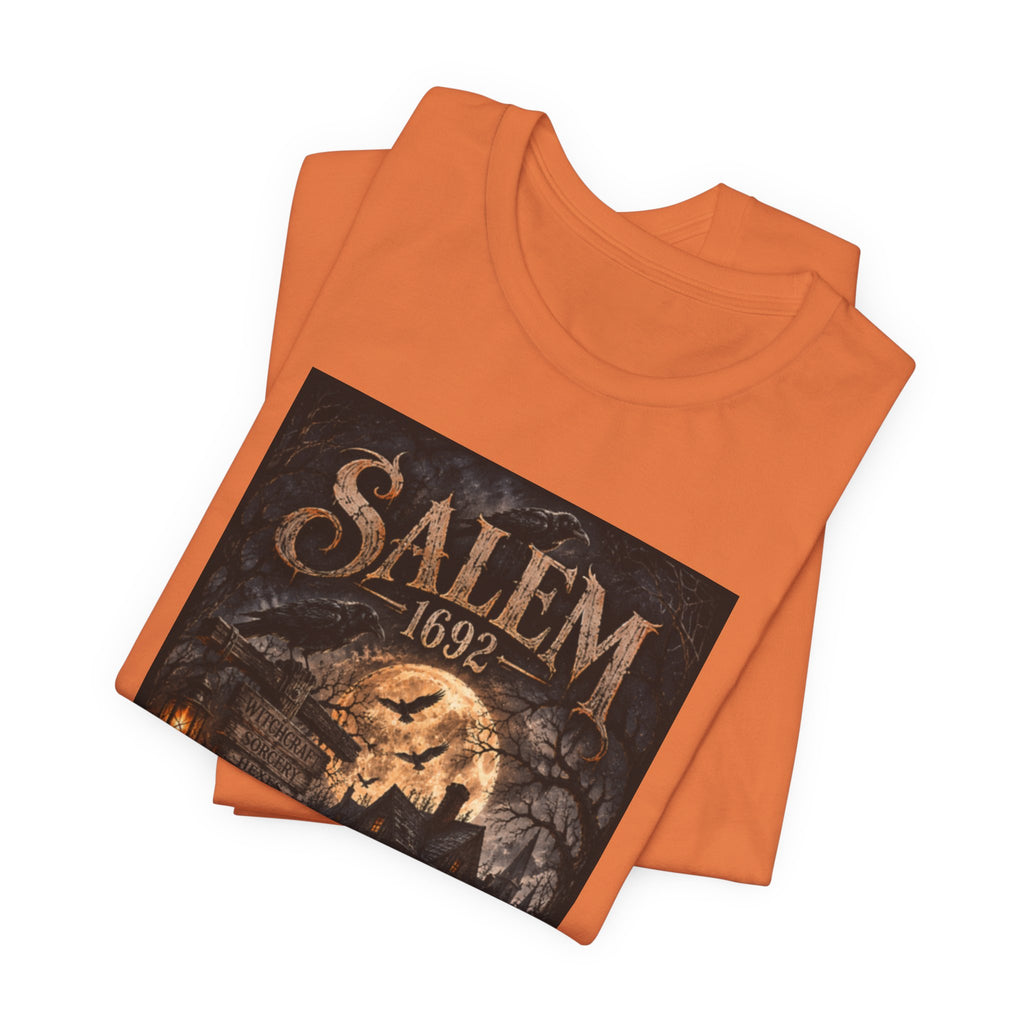 Salem 1692 Witchcraft Illustration Tee | Haunted Village, Moonlit Halloween