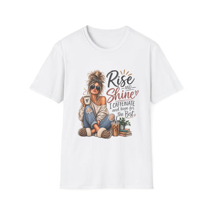 Rise and Shine Coffee Tee — 'I Caffeinate and Hope for the Best' Graphic T-Shirt