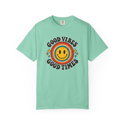 Good Vibes Good Times Smiley Face T-Shirt | Retro Rainbow Graphic