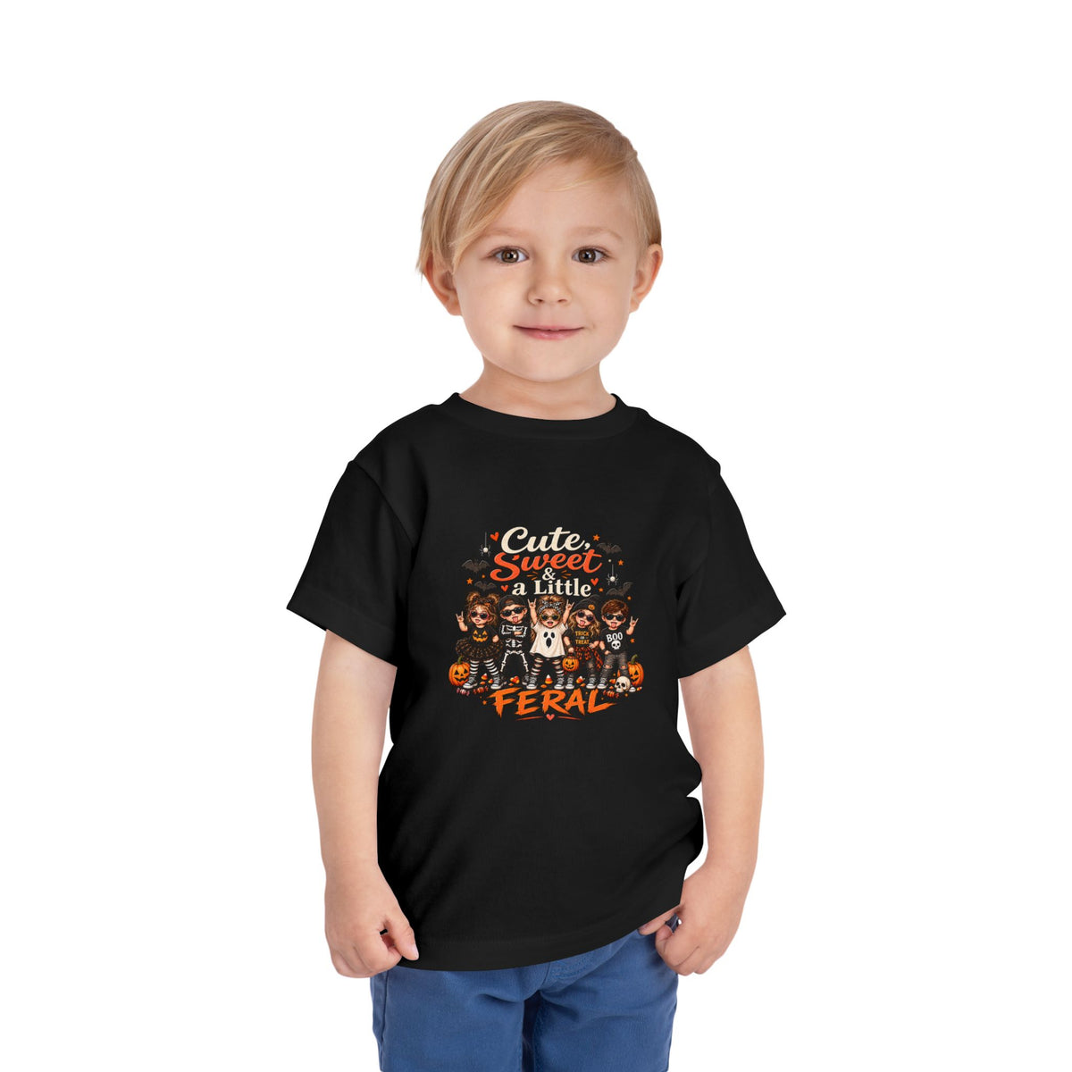 Toddler Tee — "Cute, Sweet, Little, Feral" Halloween Kids Graphic Shirt