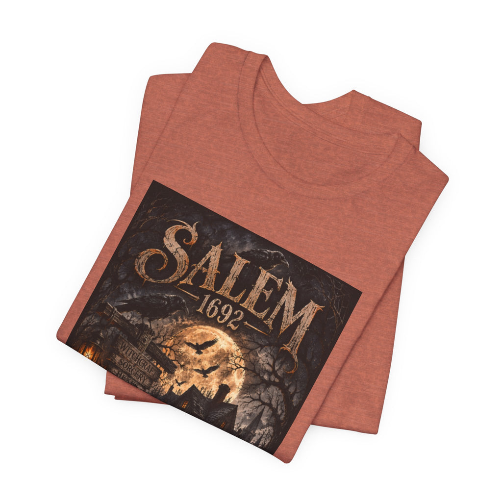 Salem 1692 Witchcraft Illustration Tee | Haunted Village, Moonlit Halloween
