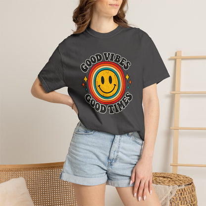 Good Vibes Good Times Smiley Face T-Shirt | Retro Rainbow Graphic