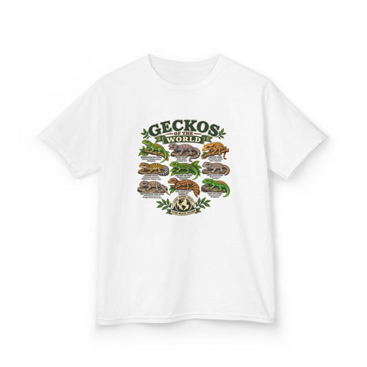 Kids T-Shirt — "Geckos of the World" Illustrated Reptile Tee