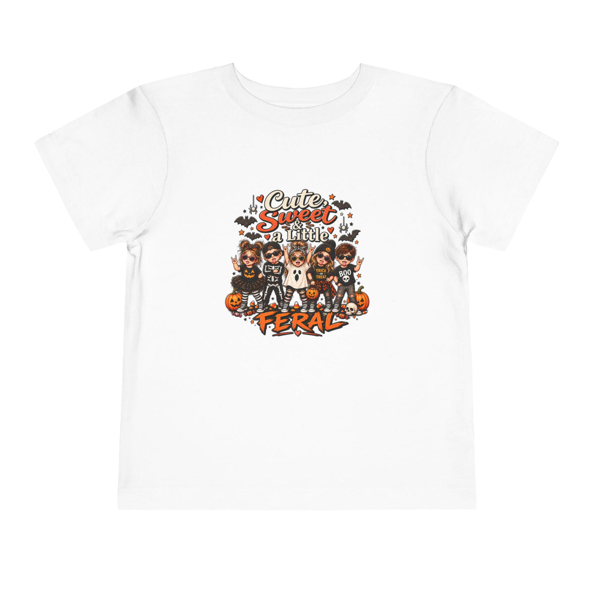 Toddler Tee — "Cute, Sweet, Little, Feral" Halloween Kids Graphic Shirt