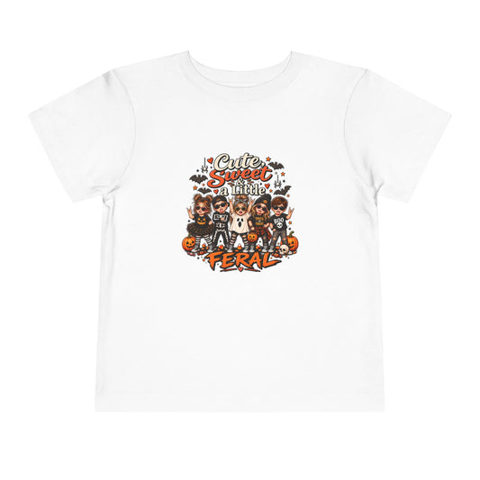 Toddler Tee — "Cute, Sweet, Little, Feral" Halloween Kids Graphic Shirt