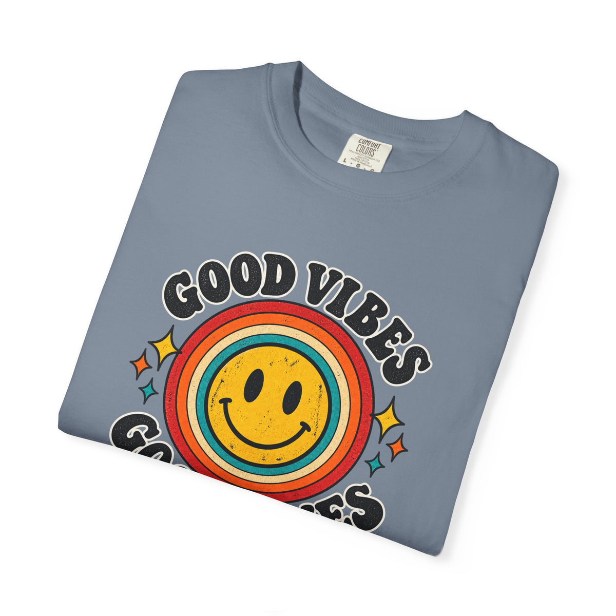 Good Vibes Good Times Smiley Face T-Shirt | Retro Rainbow Graphic