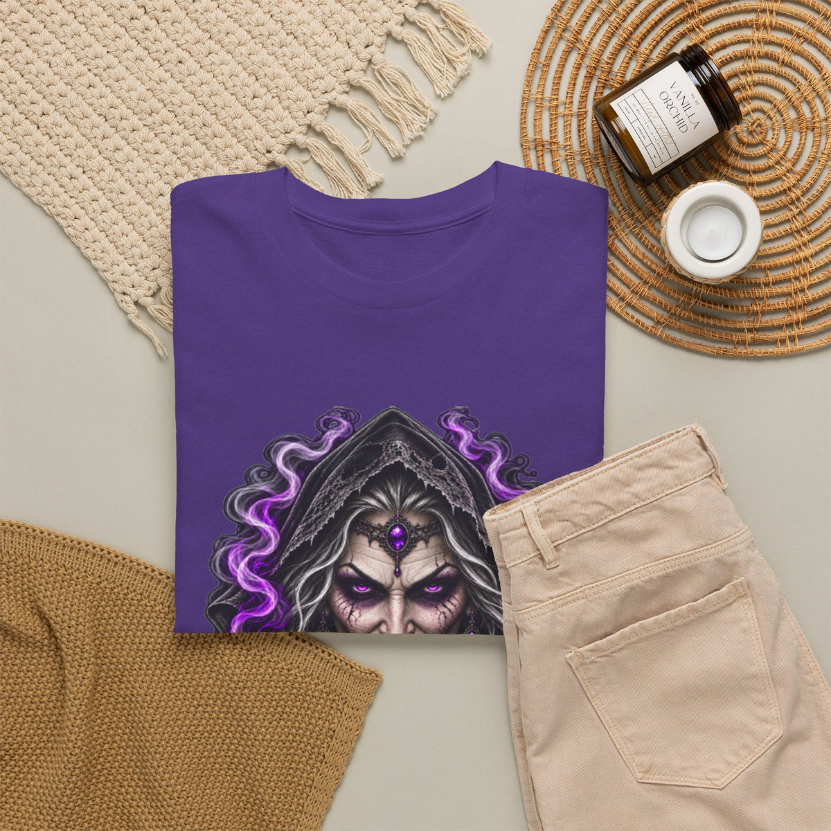 Witch Hood Graphic Tee — Dark Mystic Sorceress Shirt (Purple Drip)