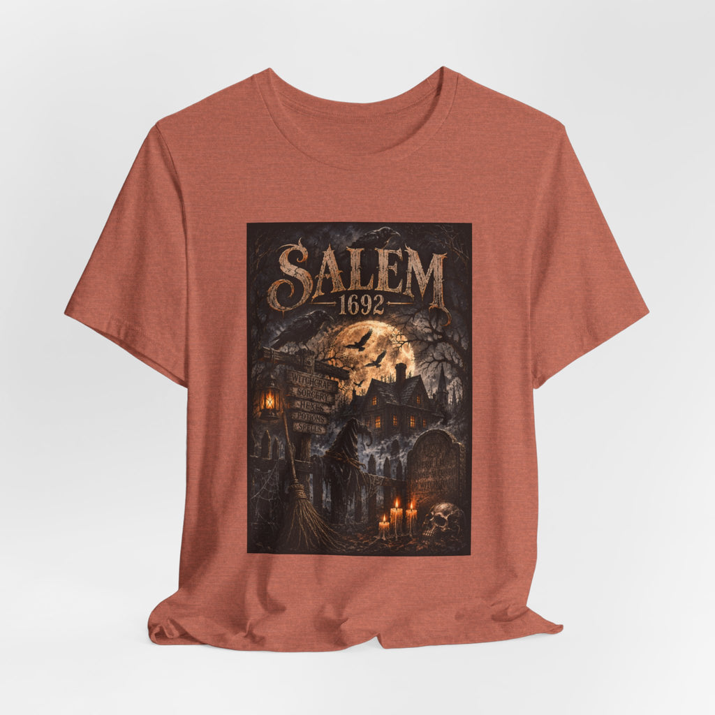 Salem 1692 Witchcraft Illustration Tee | Haunted Village, Moonlit Halloween