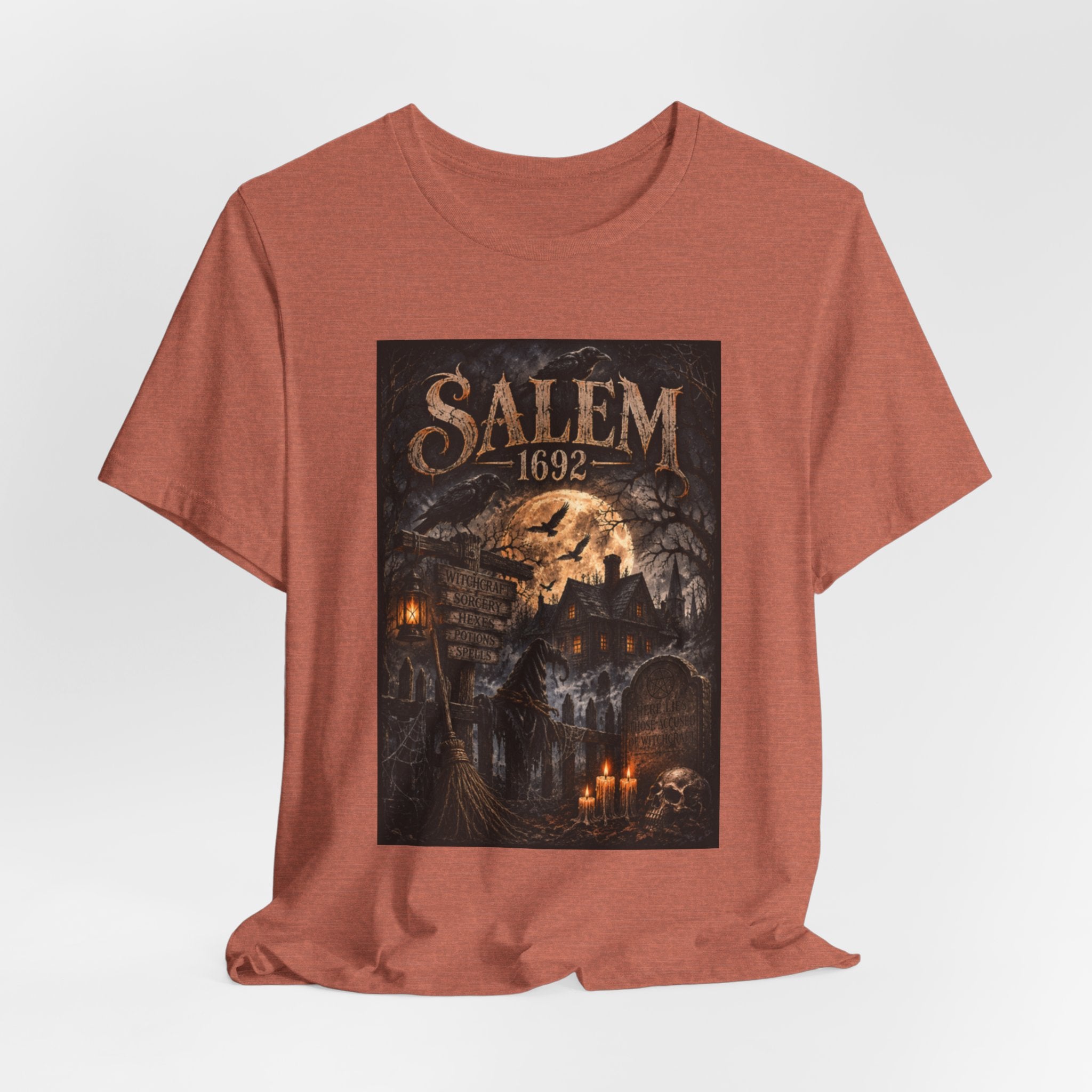 Salem 1692 Witchcraft Illustration Tee | Haunted Village, Moonlit Halloween