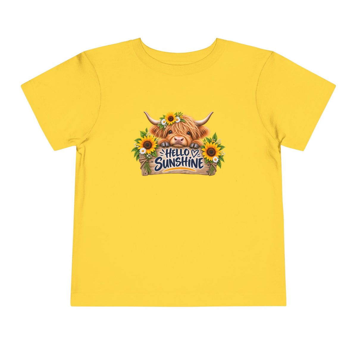 Hello Sunshine Toddler Tee — Sunflower Highland Cow Kids Shirt