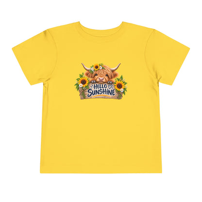 Hello Sunshine Toddler Tee — Sunflower Highland Cow Kids Shirt