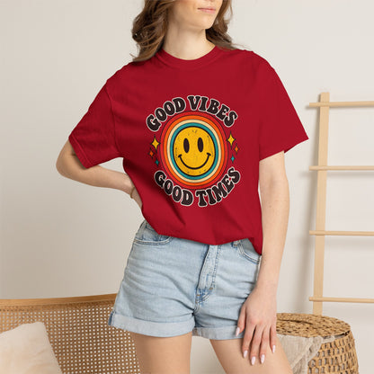 Good Vibes Good Times Smiley Face T-Shirt | Retro Rainbow Graphic