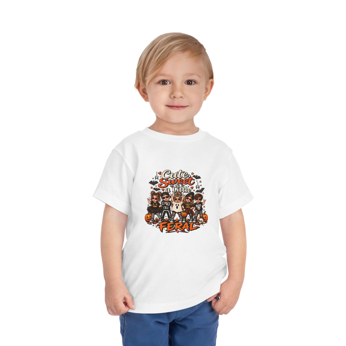 Toddler Tee — "Cute, Sweet, Little, Feral" Halloween Kids Graphic Shirt