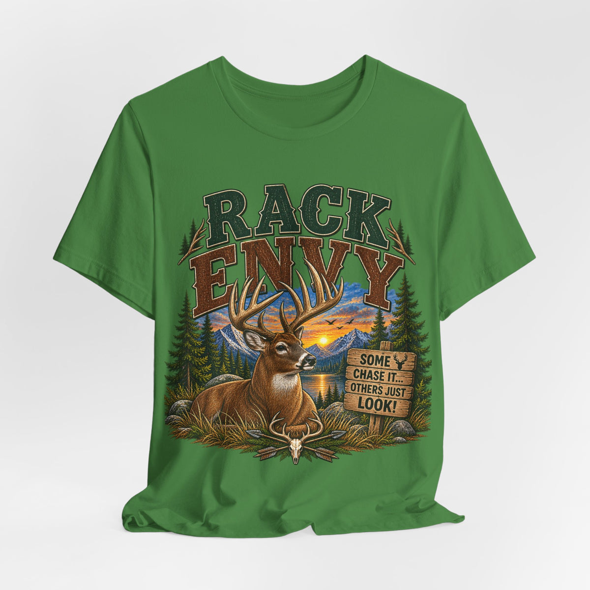 Rack Envy Deer Hunting T-Shirt — "Rack Envy" Graphic Tee with Buck & Forest Scene