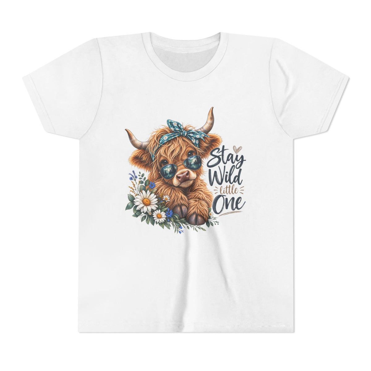 Stay Wild Little One Youth Tee — Cute Highland Cow with Daisies