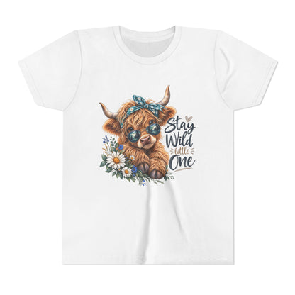 Stay Wild Little One Youth Tee — Cute Highland Cow with Daisies