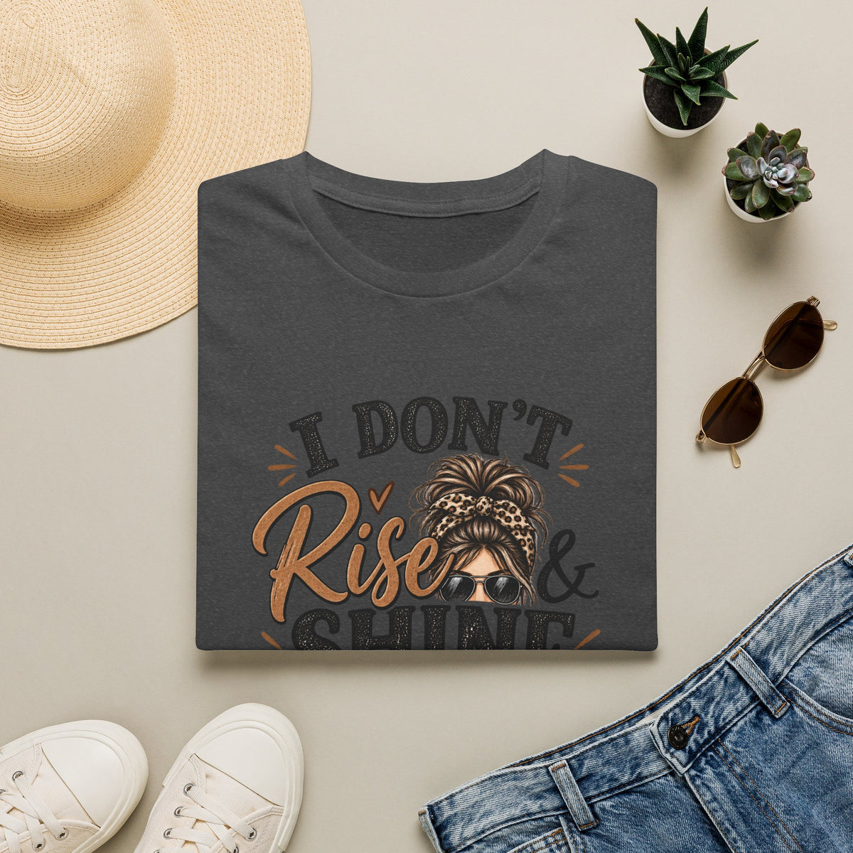 I Don't Rise & Shine I Caffeinate T-Shirt — Funny Messy Bun Coffee Tee